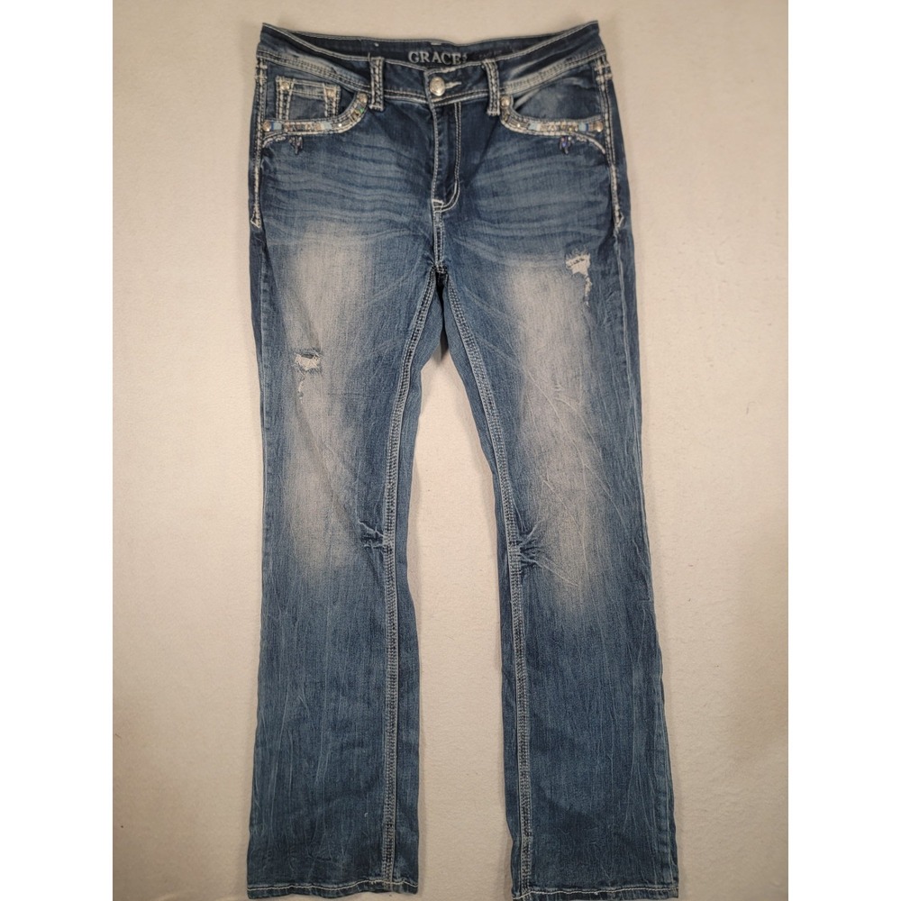 Grace in LA Easy Fit Embellished Bootcut Jeans Size 32 Flap Pocket Medium Wash